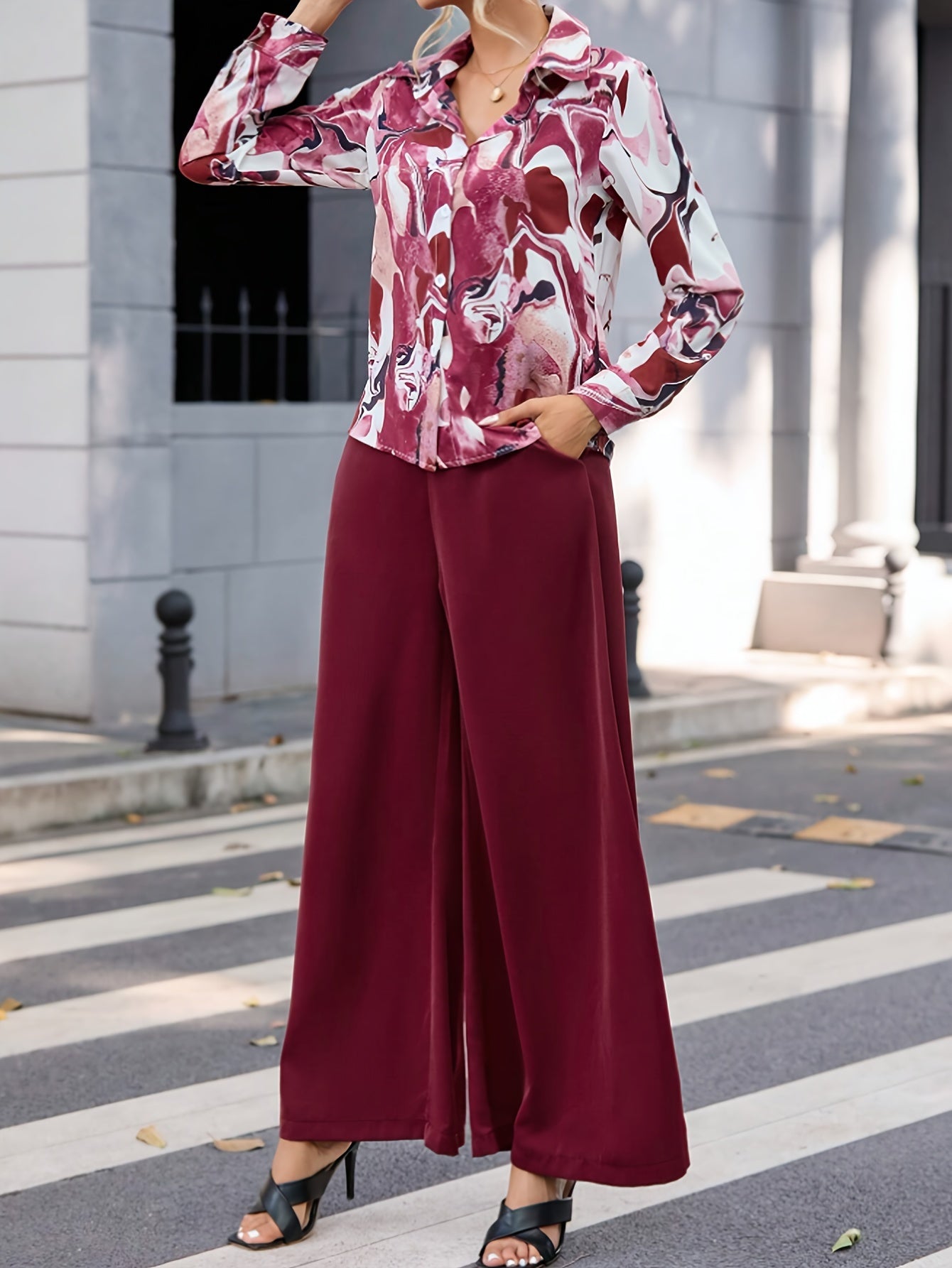 Elegant Two-piece Set, Allover Print Button Front Shirt & Wide Leg Slant Pockets Pants Outfits, Women's Clothing MyFave Boutique