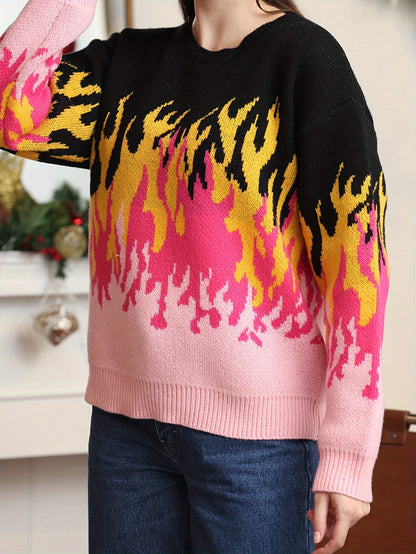 Fire Pattern Crew Neck Pullover Sweater, Casual Long Sleeve Sweater, Women's Clothing MyFave Boutique