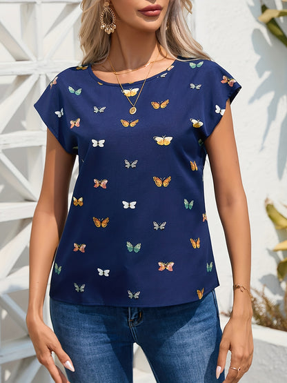 Butterfly Print Crew Neck Blouse, Casual Short Sleeve Blouse For Spring & Summer, Women's Clothing MyFave Boutique