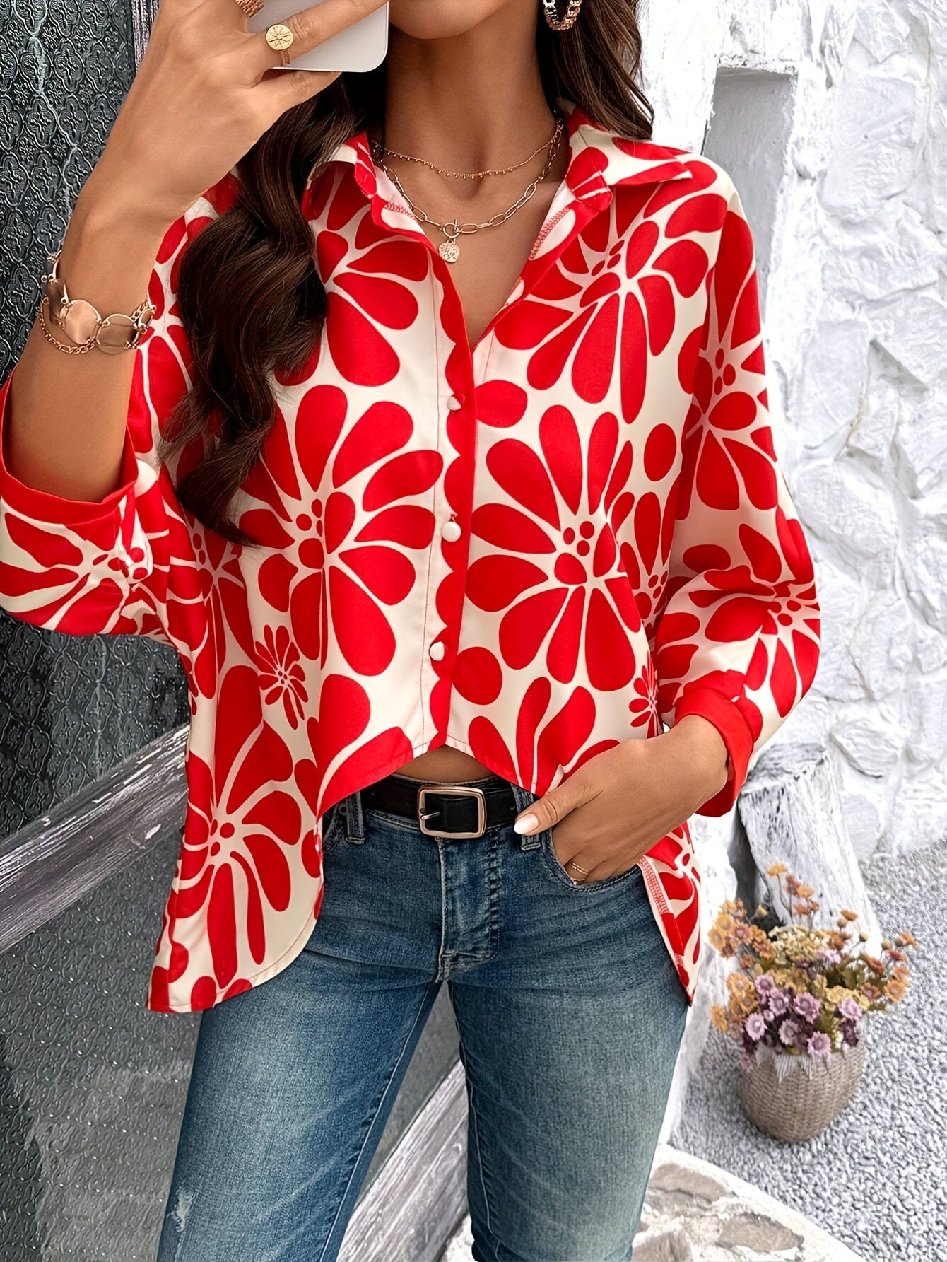 Floral Print Lapel Neck Blouse: Casual Button Front Long Sleeve for Spring & Fall - Women's Clothing MyFave Boutique