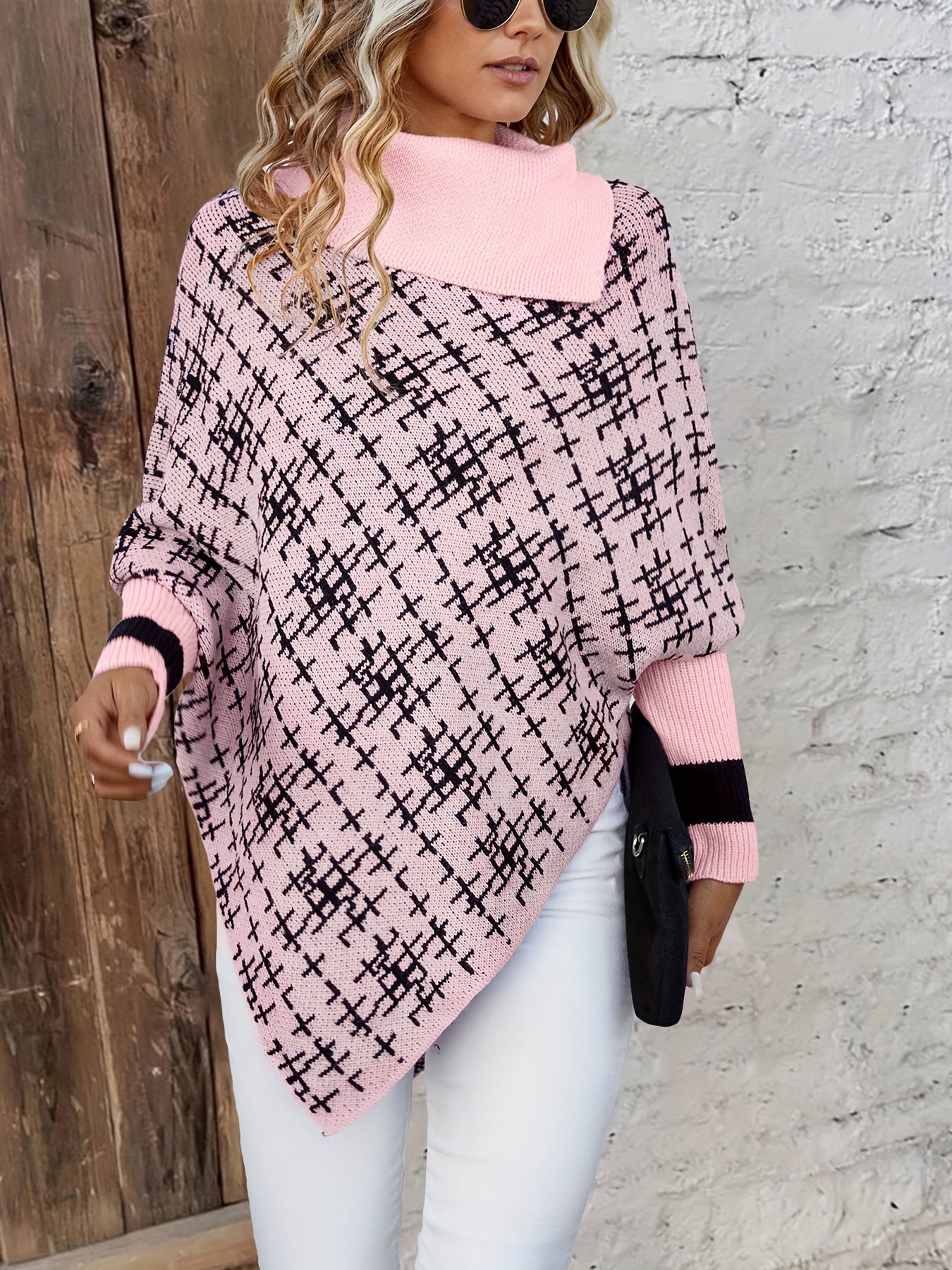 Women's Plaid Turtle Neck Cape Sweater with Batwing Sleeves and Asymmetrical Hem - Stylish and Comfortable Fall/Winter Clothing MyFave Boutique