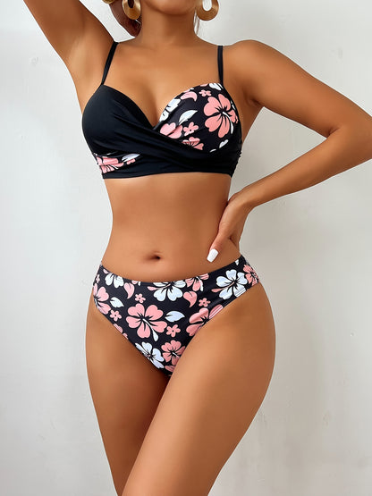 Floral Pattern 2 Piece Set Bikini, V Neck High Cut Vacay Swimsuits, Women's Swimwear & Clothing MyFave Boutique