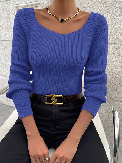 Solid Color Crew Neck Knitted Sweater, Casual Long Sleeve Drop Shoulder Pullover Sweater For Fall & Winter, Women's Clothing MyFave Boutique