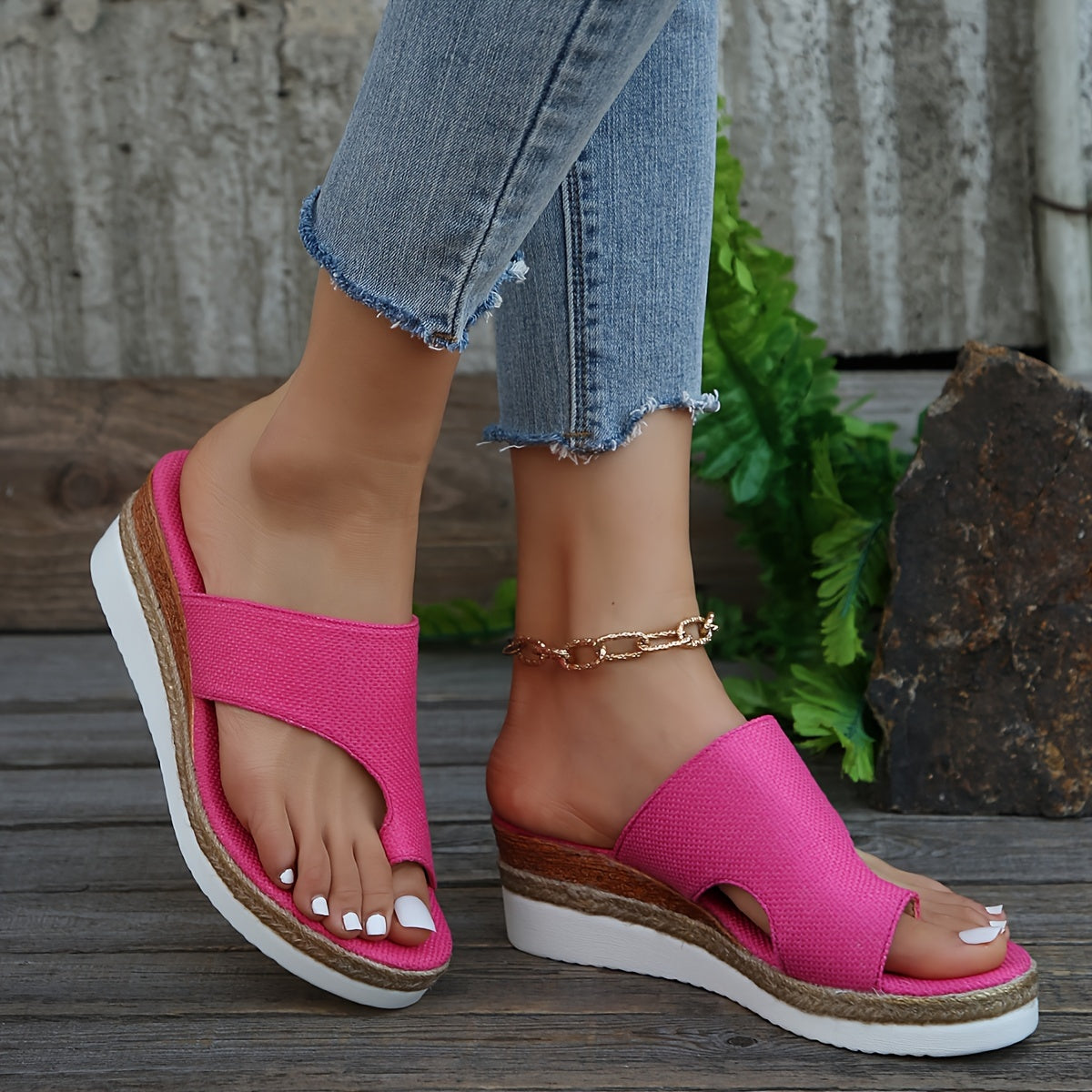 Women's Toe Loop Wedge Sandals, Stylish Open Toe Slip On Summer Shoes, Versatile Outdoor Vacation Slide Sandals MyFave Boutique