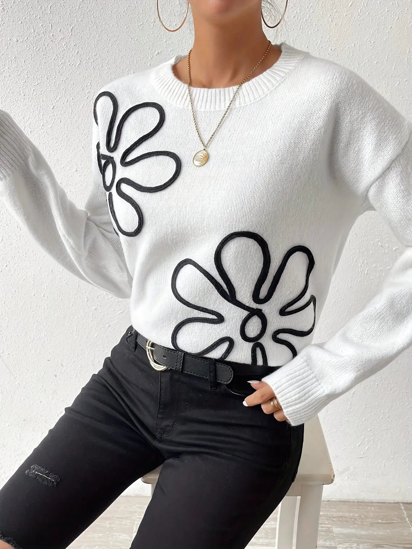 Floral Pattern Crew Neck Sweater, Elegant Drop Shoulder Long Sleeve Sweater For Fall & Winter, Women's Clothing MyFave Boutique