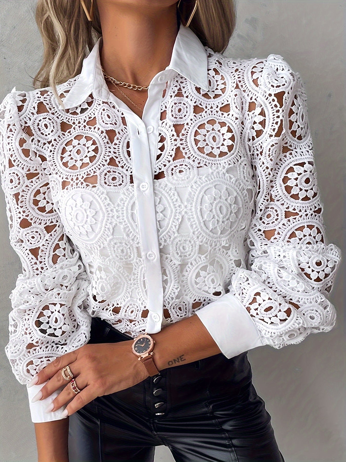 Crochet Floral Pattern Button Front Shirt, Elegant Hollow Out Long Sleeve Shirt For Spring & Fall, Women's Clothing MyFave Boutique