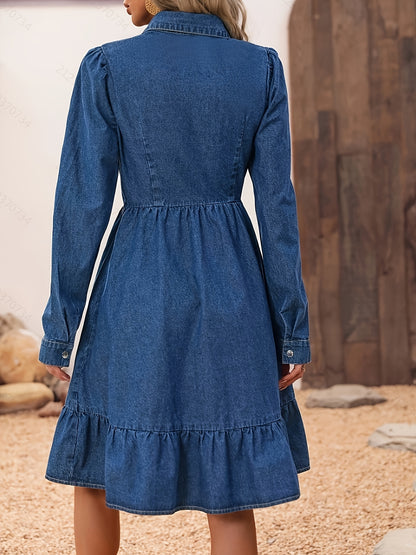 Elegant Lapel Button Up Gigot Sleeve Ruffle Hem Denim Dress, Women's Denim Jeans & Clothing MyFave Boutique