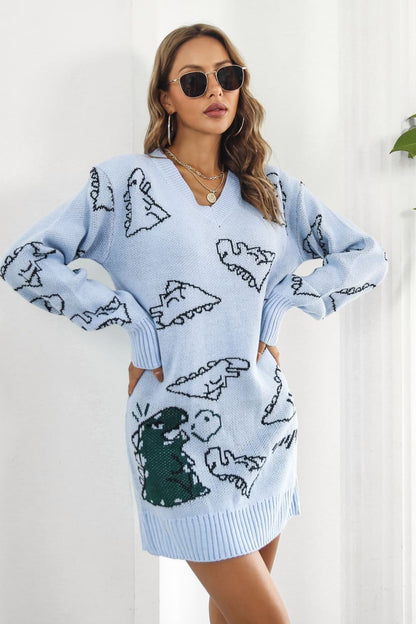 Dinosaur Pattern V-Neck Sweater Dress Trendsi