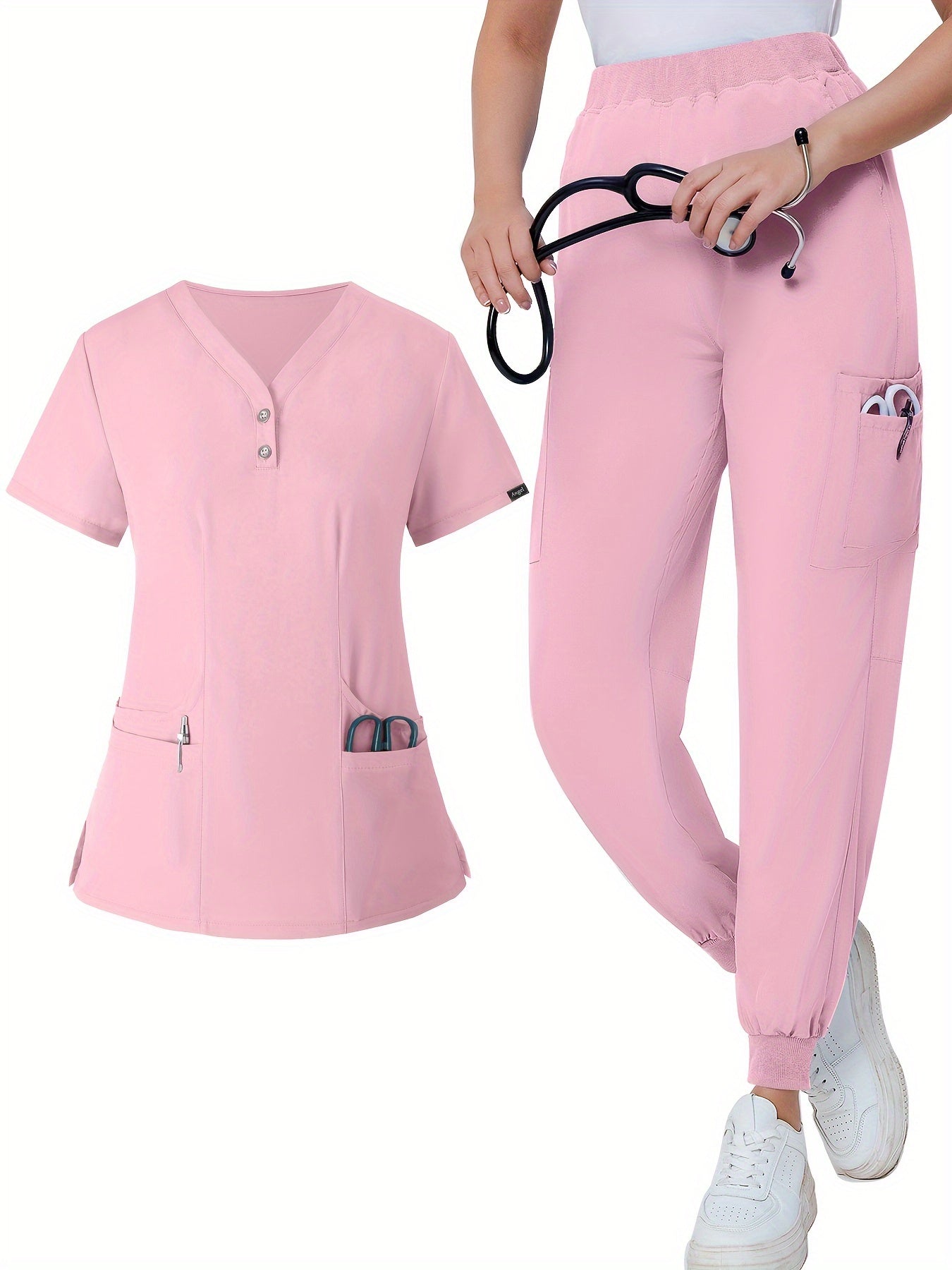 two-piece Women's Health Uniform Two-Piece Set: V-Neck Top & Solid Pants with Patch Pockets MyFave Boutique