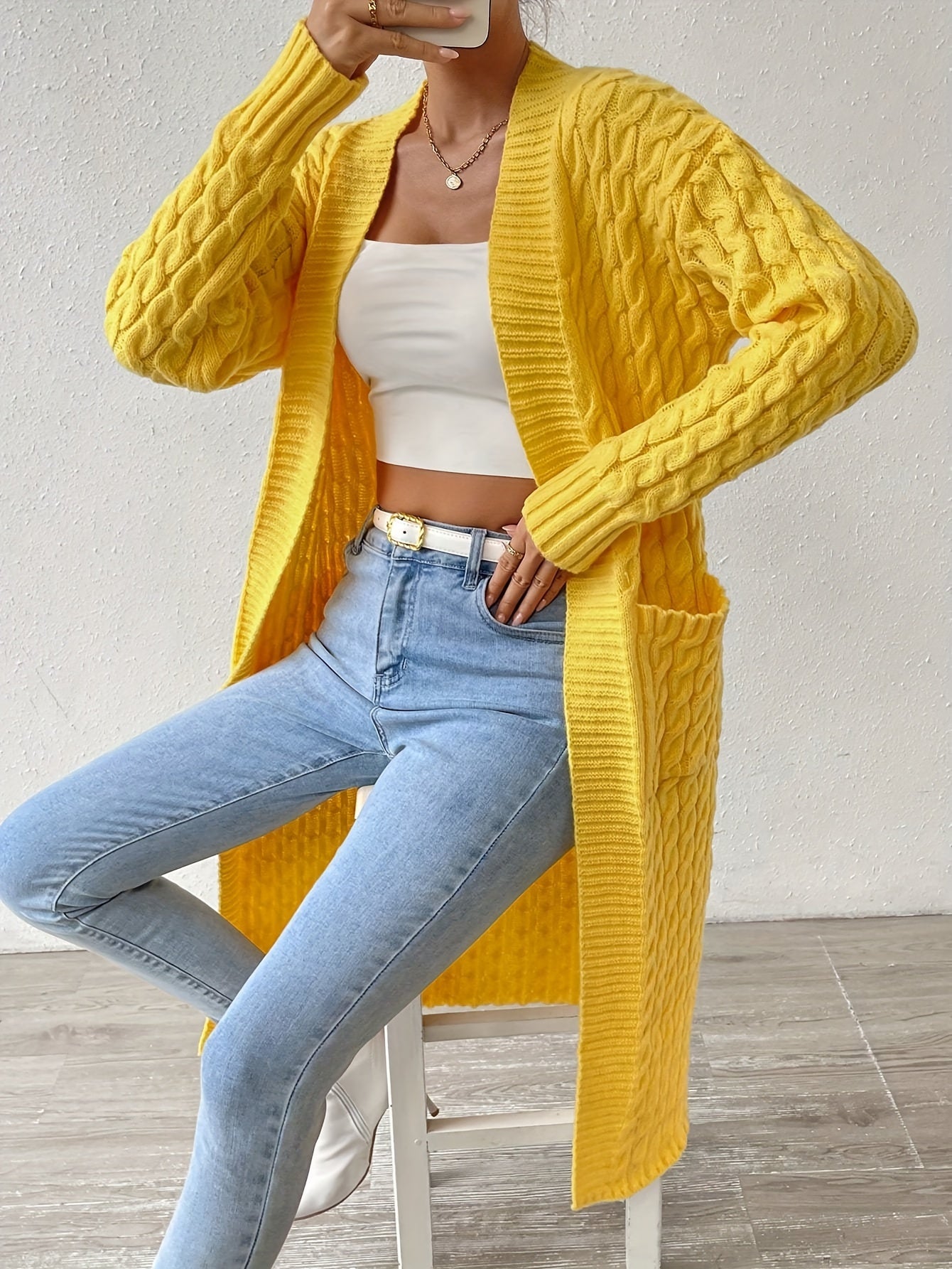 Long Sleeve Cable Knit Cardigan, Casual Drop Shoulder Open Front Cardigan For Spring & Fall, Women's Clothing MyFave Boutique