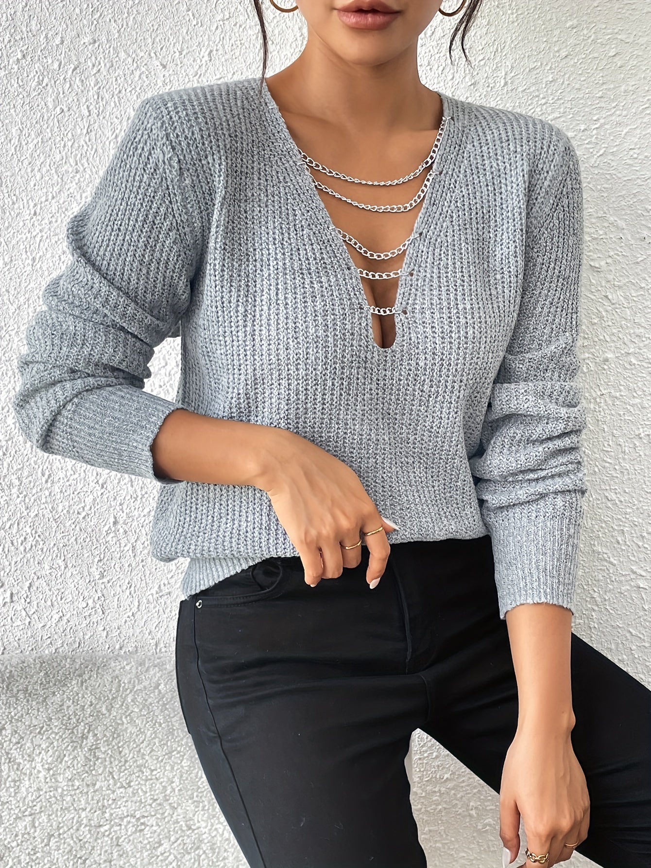 Chain Plunging Neck Sweater, Elegant Long Sleeve Sweater For Fall & Winter, Women's Clothing MyFave Boutique