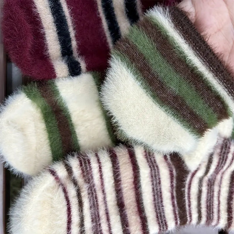 5 Pairs Striped Fluffy Crew Socks, Thick Warm Soft Mid Tube Socks For Fall & Winter, Women's Stockings & Hosiery MyFave Boutique