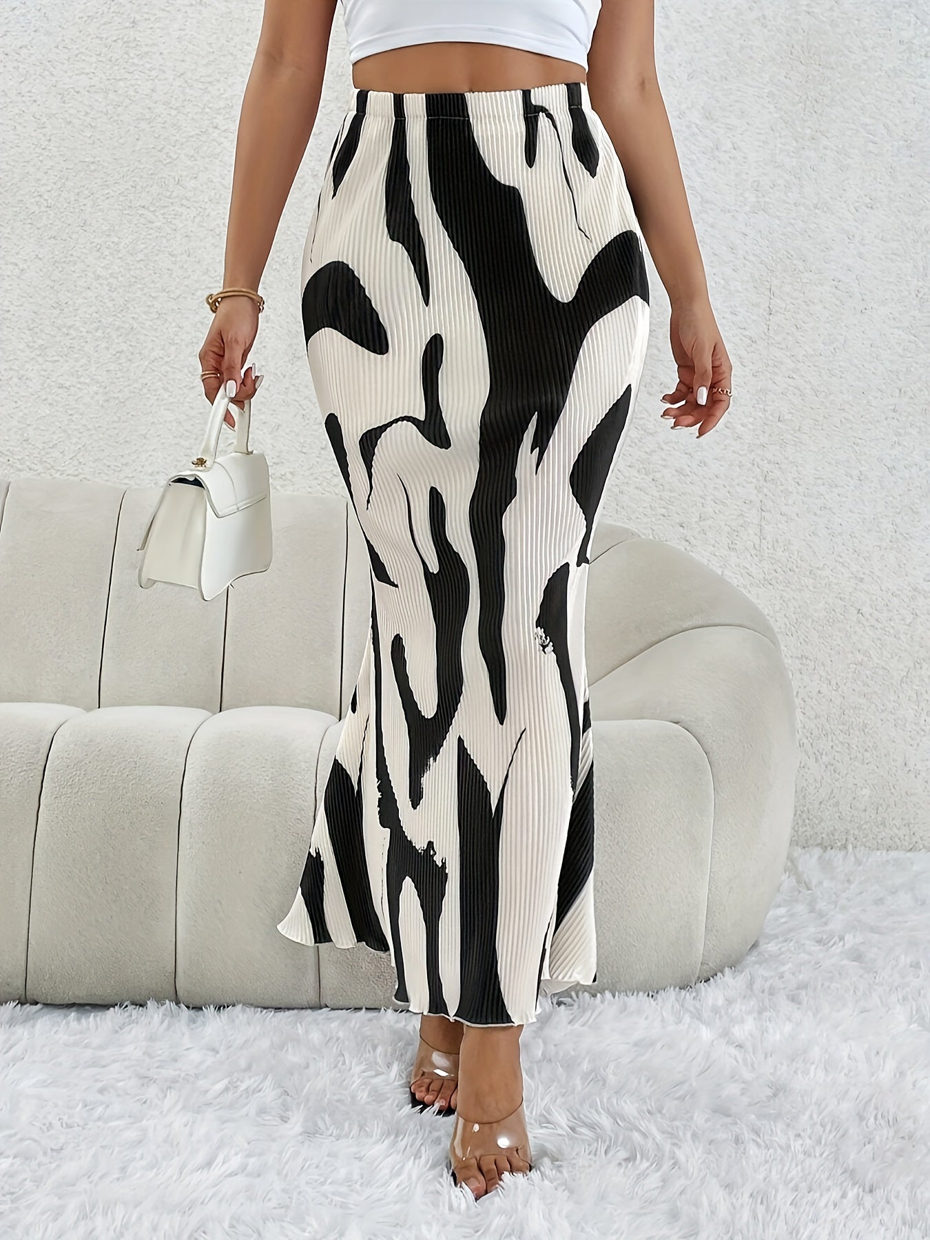 Abstract Print Ribbed Skirts, Casual Elastic Waist Midi Skirts, Women's Clothing MyFave Boutique