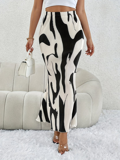 Abstract Print Ribbed Skirts, Casual Elastic Waist Midi Skirts, Women's Clothing MyFave Boutique