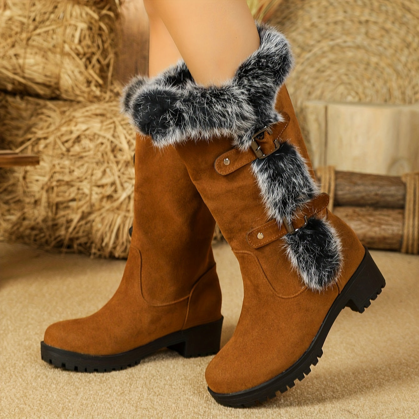 Women's Furry Plush Lined Mid Calf Boots, Winter Warm Buckle Strap Snow Boots, Thermal Chunky Heeled Boots MyFave Boutique