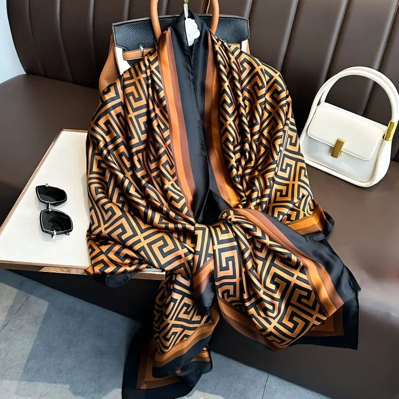 Coffee Color Geometric Pattern Scarf Thin Breathable Shawl Elegant Style Windproof Sunscreen Beach Towel Travel Scarf MyFave Boutique