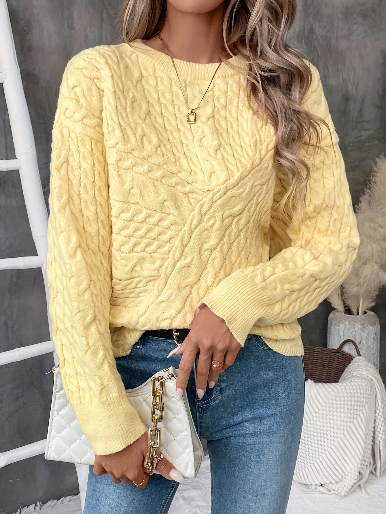 Cable Knit Crew Neck Sweater, Casual Solid Color Long Sleeve Sweater For Fall & Winter, Women's Clothing MyFave Boutique