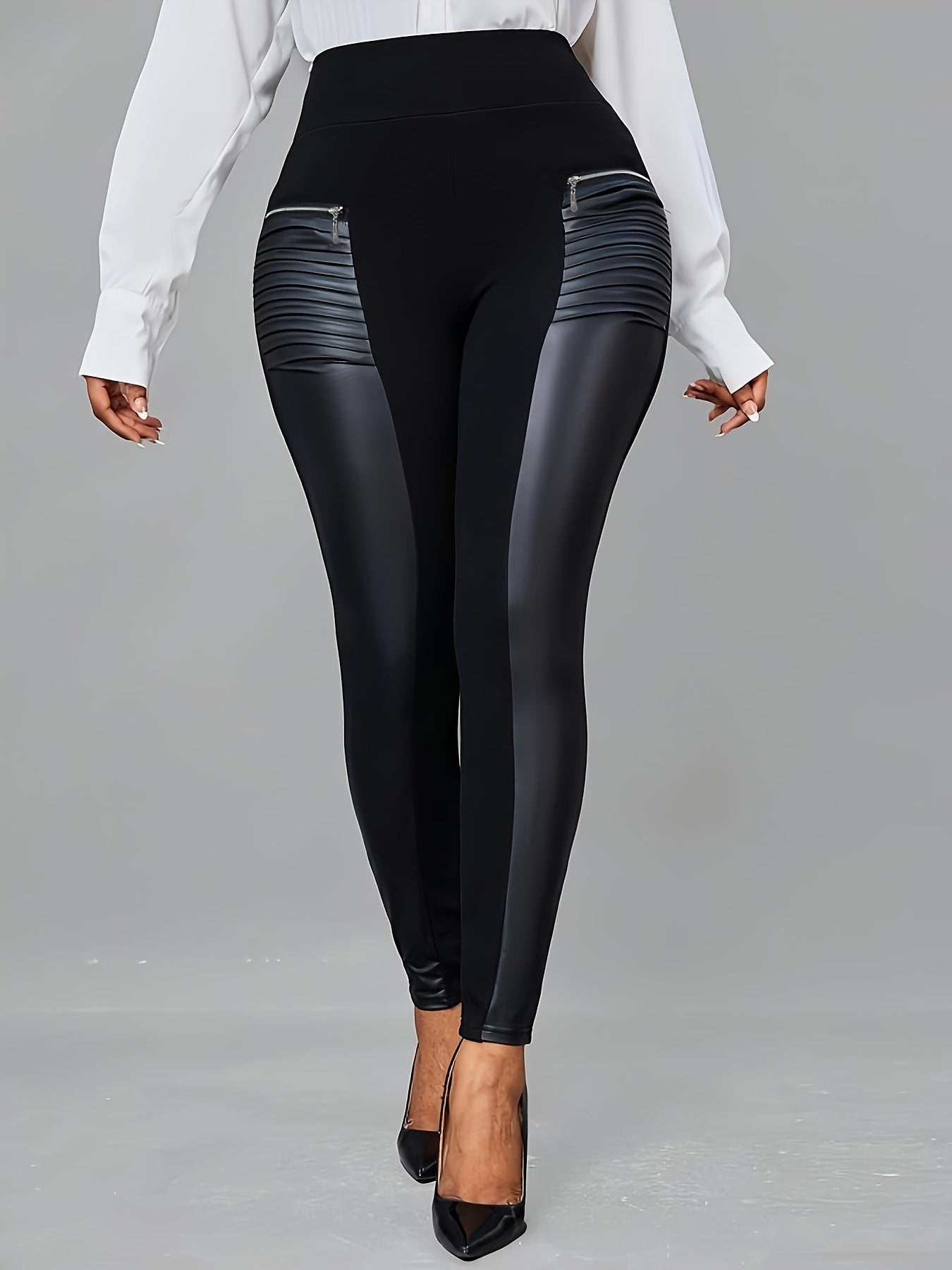 Zipper Faux Leather Skinny Pants, Stylish High Waist Slim Pants For Every Day, Women's Clothing MyFave Boutique