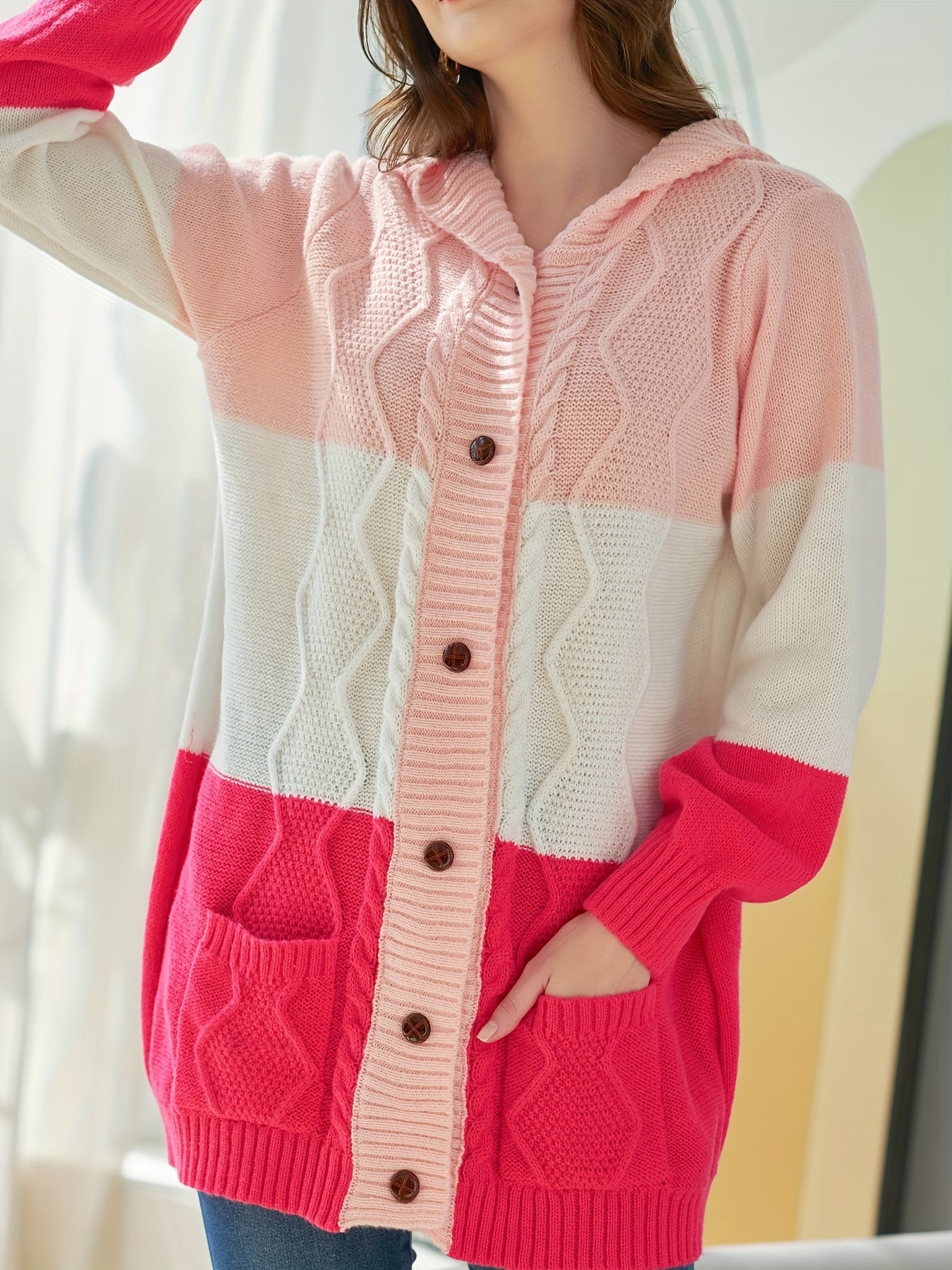 Color Block Button Down Hooded Cardigan, Casual Long Sleeve Dual Pocket Knit Sweater, Women's Clothing MyFave Boutique