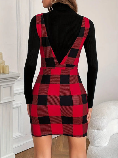 Elegant V-Neck Plaid Bodycon Dress for Women - 100% Polyester, Woven, All Season, Backless Detail, Red and Black MyFave Boutique