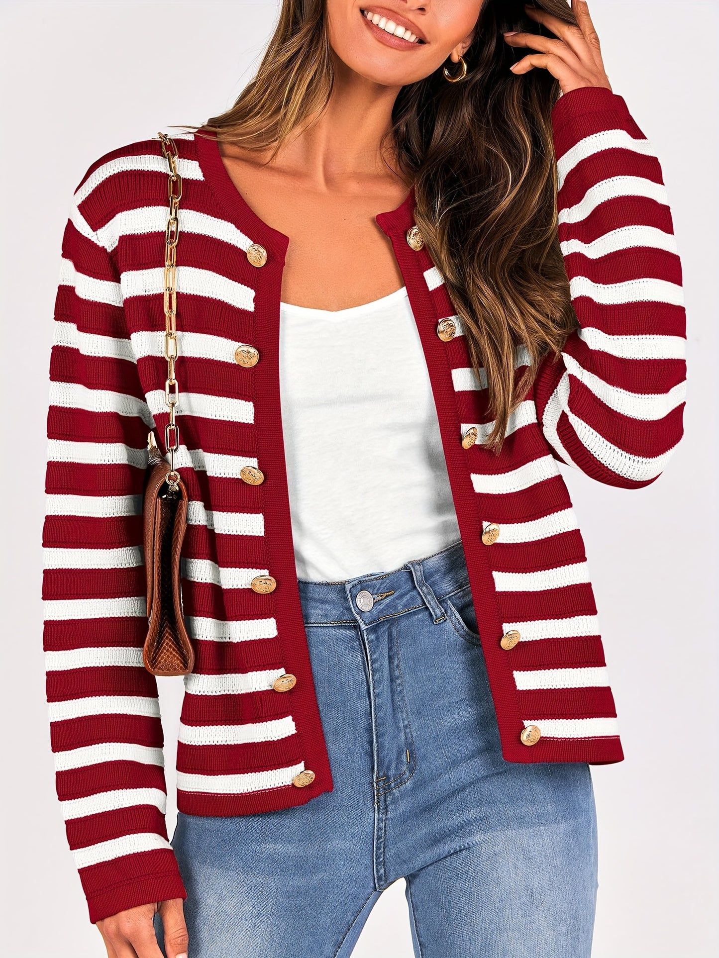 Striped Button Front Knit Cardigan, Elegant Crew Neck Long Sleeve Cardigan For Spring & Fall, Women's Clothing MyFave Boutique