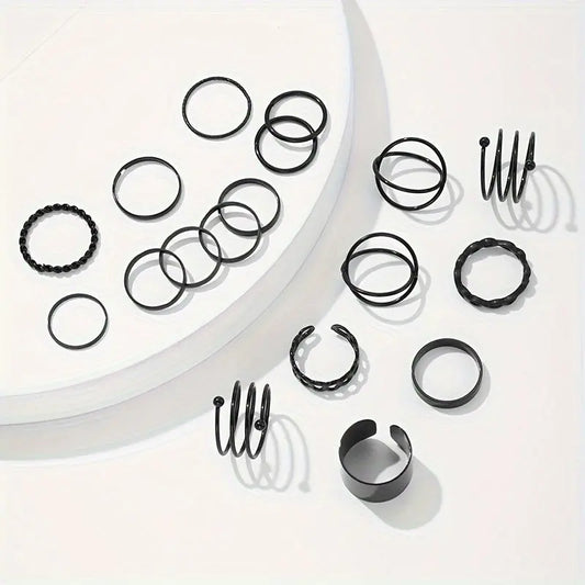 Women's Black Crossed Circular Ring Metal Layered High-end Fashion Rings - 18 Pieces, Daily Travel Accessories MyFave Boutique