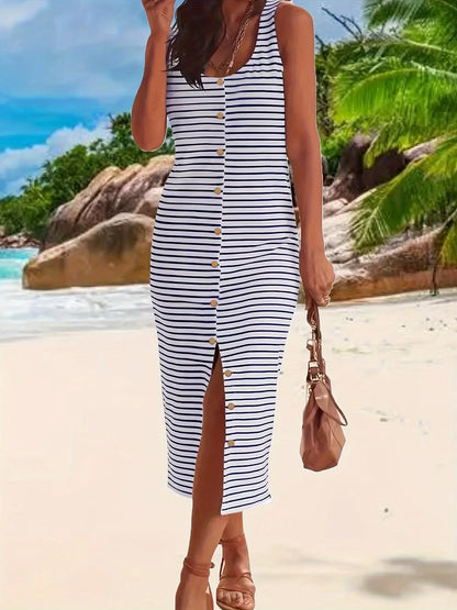 Women's Dress, Summer Sleeveless Striped T Shirt Dress, Midi Casual Dresses MyFave Boutique