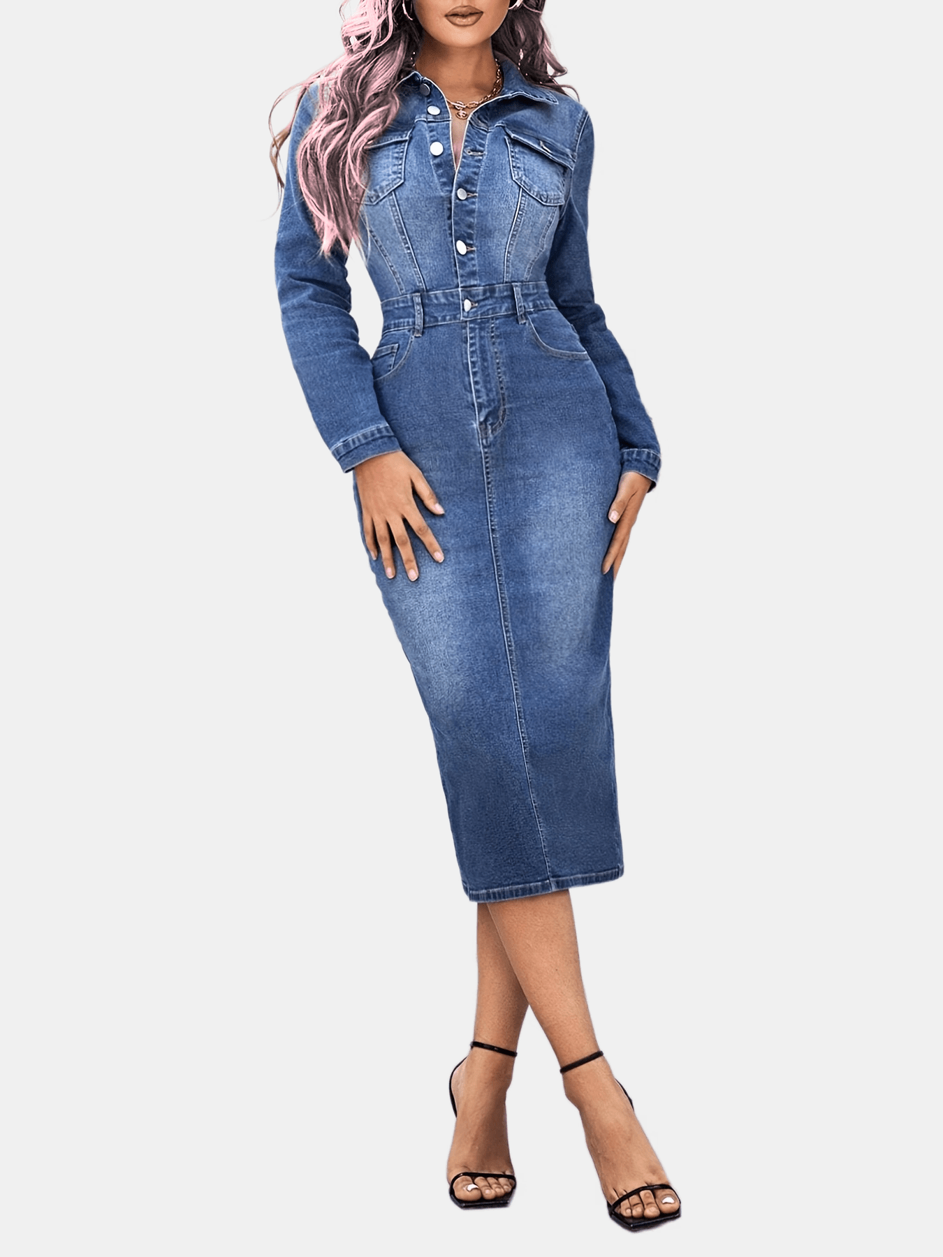 Women's Blue Denim Dress - Slim Fit, Long Sleeves, Single Breasted Button, Split Hem - MyFave Boutique