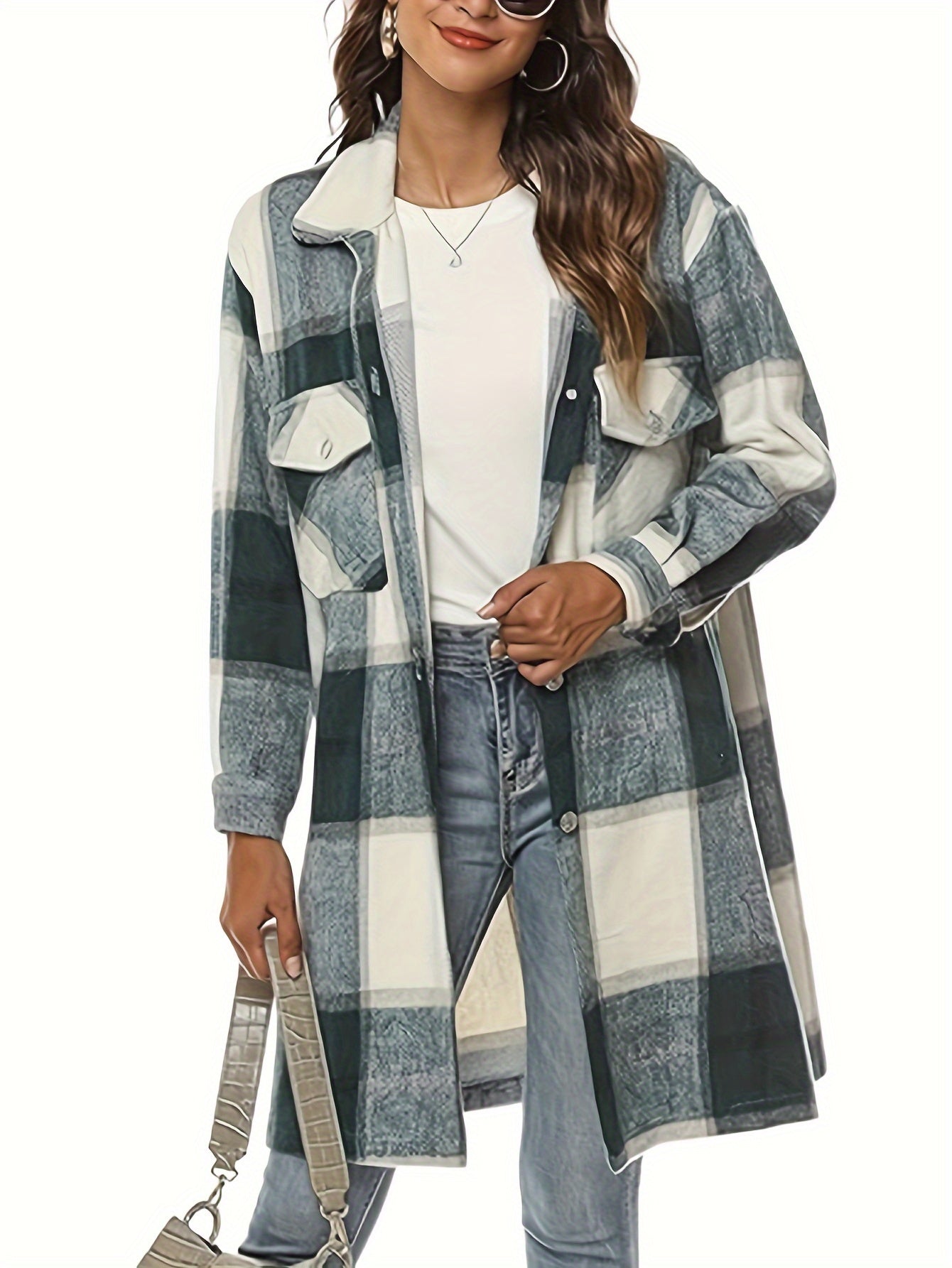 Plaid Print Button Up Shirt Jacket, Casual Turndown Collar Mid Length Outwear With Pocket, Women's Clothing MyFave Boutique