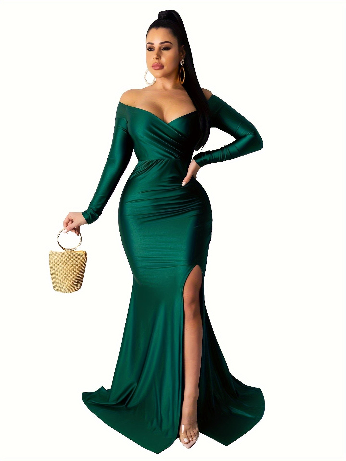 Women Off Shoulder V-Neck Maxi Long Dress Ruched Split Bodycon Mermaid Evening Cocktail Formal Dresses MyFave Boutique