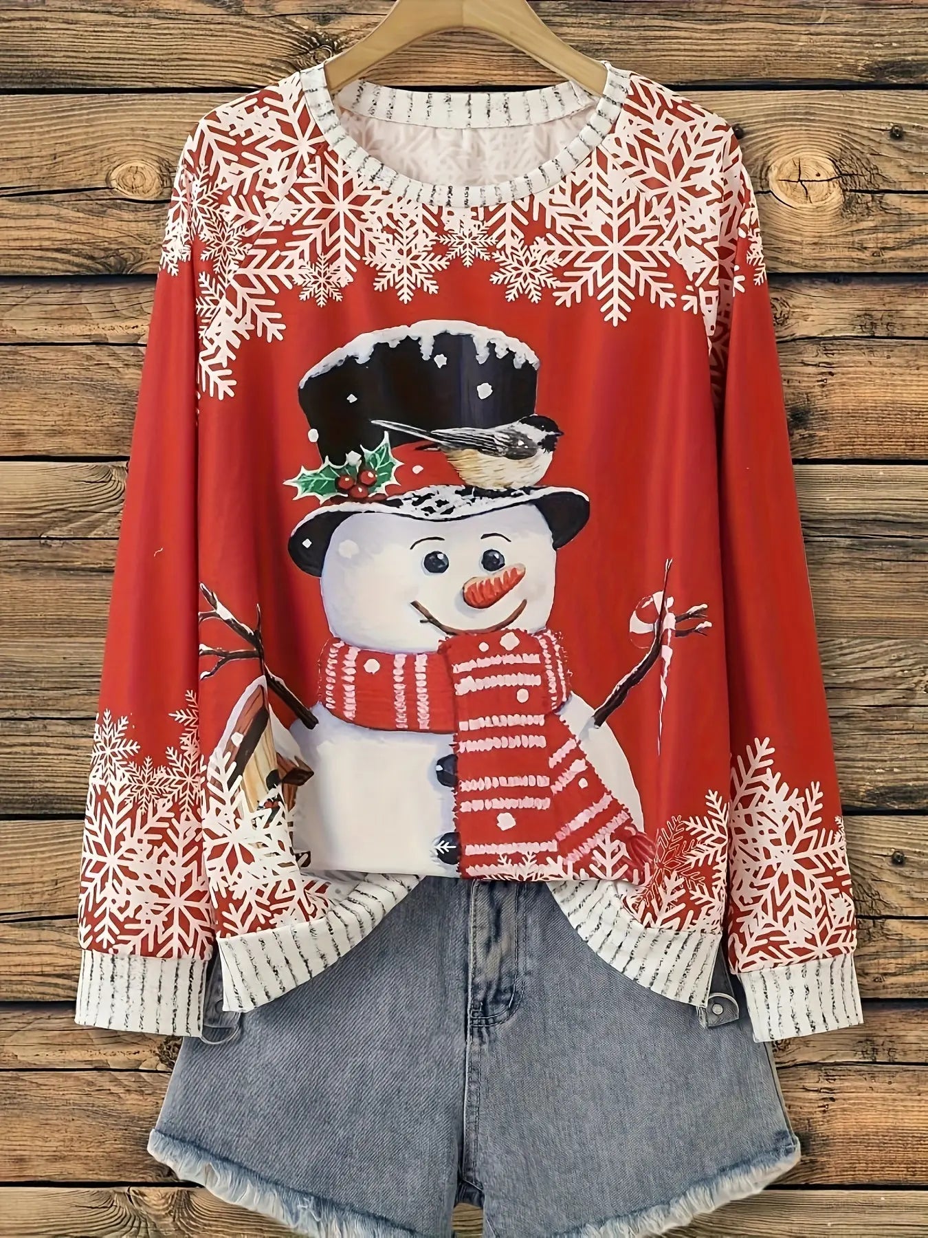 Women's Long Sleeve Christmas Sweater, Cute Snowman Print, Polyester Knit, Round Neck, Regular Length, Fashion T-Shirt for Fall/Winter MyFave Boutique