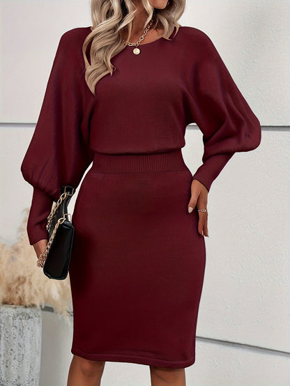 Autumn And Winter Solid Color Lantern Sleeve Waist Sweater Dress MyFave Boutique