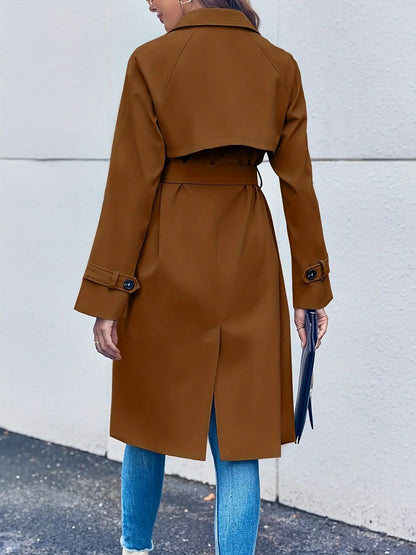 Double Breasted Trench Coat with Lapel Neck and Split Side Pockets - Women's Casual Long Sleeve Long Length Coat MyFave Boutique