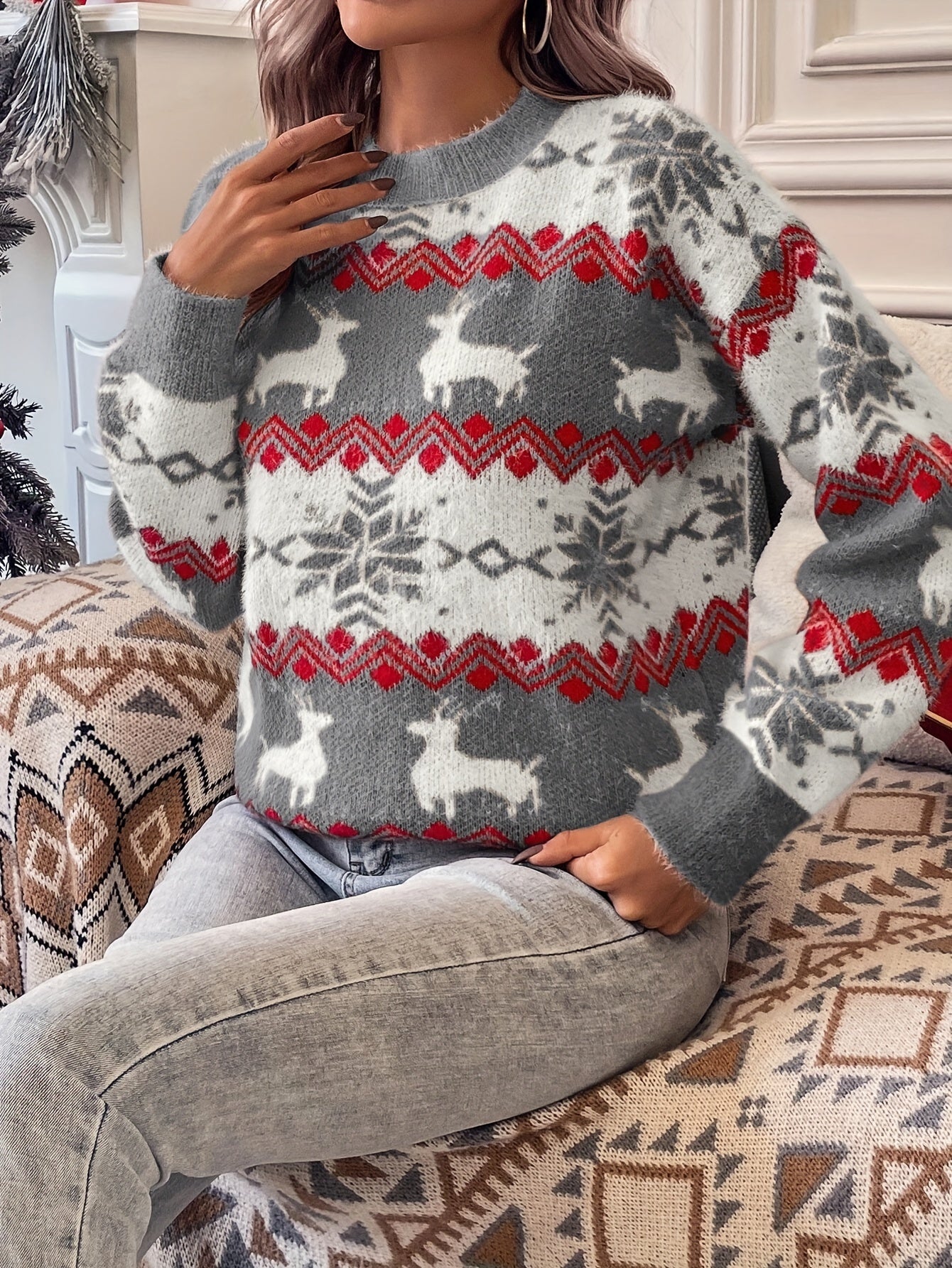 Christmas Pattern Crew Neck Sweater, Elegant Long Sleeve Sweater For Fall & Winter, Women's Clothing MyFave Boutique