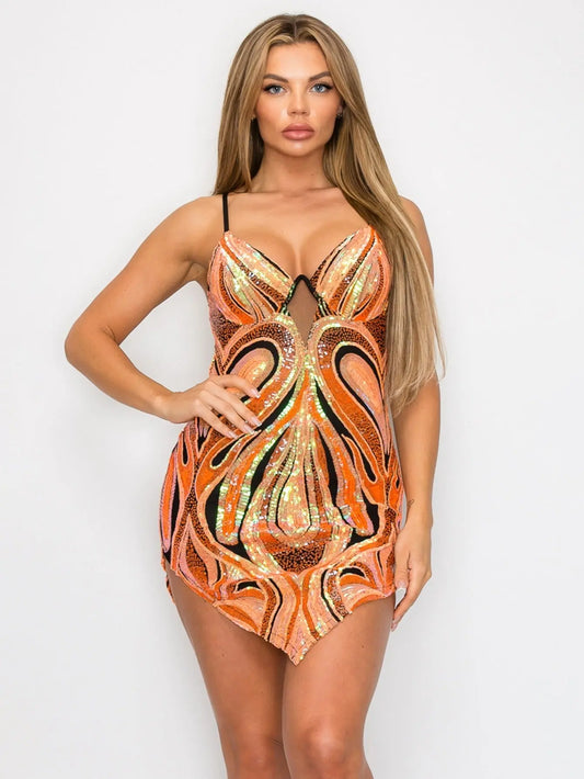 Vivid Orange and Green Sparkling Sequin Mini Dress - Sexy Sleeveless Bodycon with V-Neck and Adjustable Straps MyFave Boutique