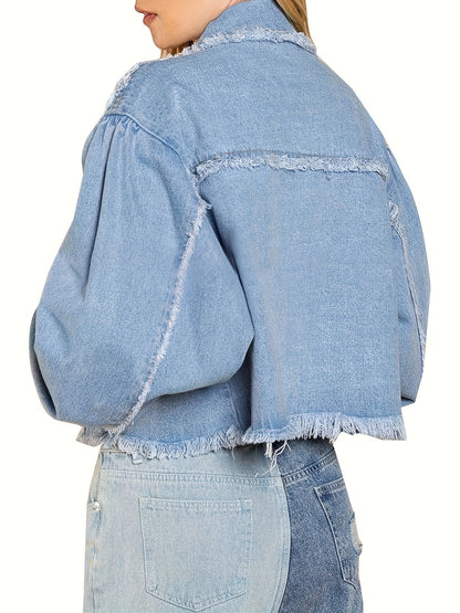 Raw Trim Long Sleeve Plain Washed Blue Button Up Chic Denim Jacket, Women's Denim Jeans & Clothing MyFave Boutique