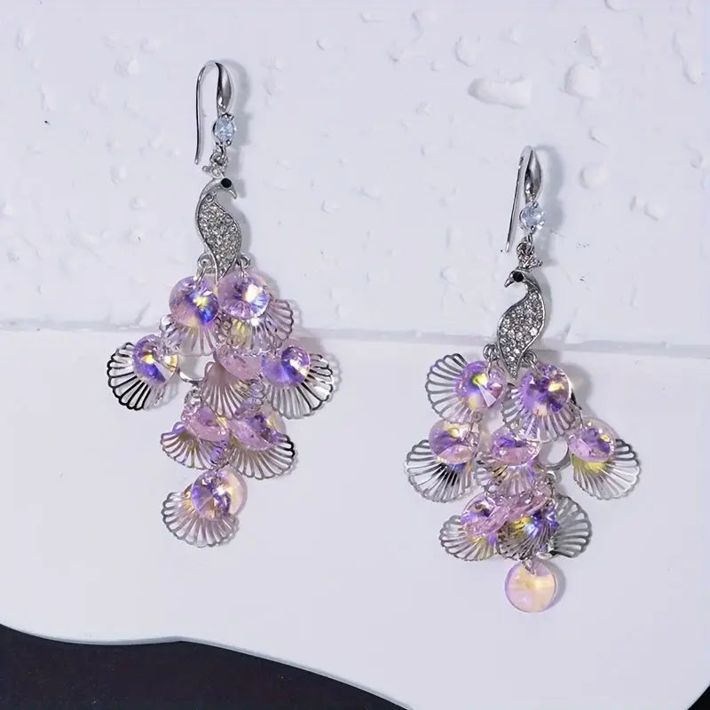 Elegant Peacock Crystal Drop Earrings with Silvery HollowLeaf Tassels - Gorqeous Rhinestone Accents, Suitable for daily and party wear MyFave Boutique