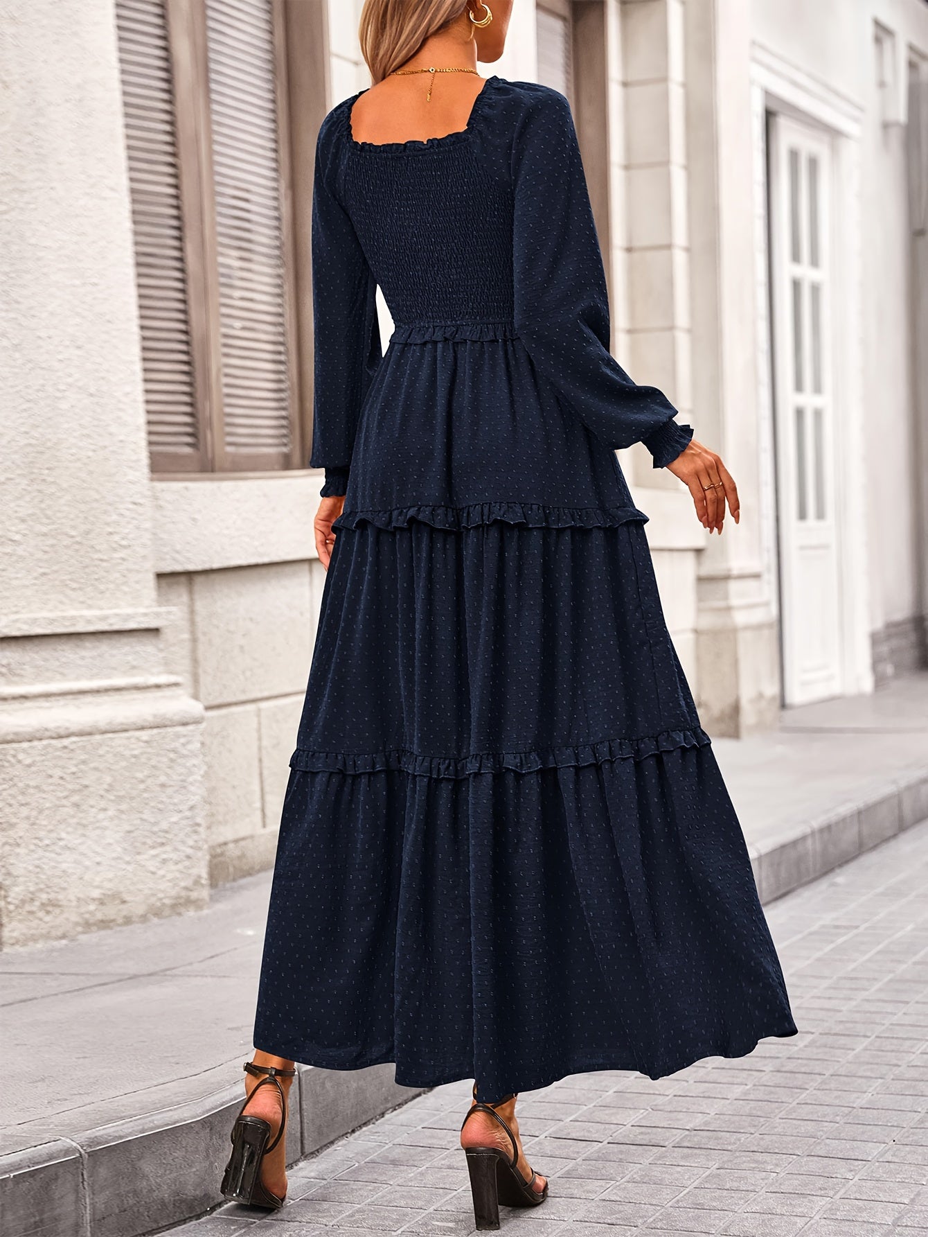 Women's Long Sleeve Smocked Maxi Dress Casual Square Neck Swiss Dot Tiered Ruffle Flowy Pocket Dresses MyFave Boutique