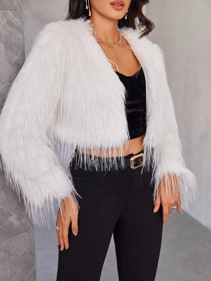 Open Front Faux Fur Coat, Stylish Thermal Long Sleeve Crop Coat For Fall & Winter, Women's Clothing MyFave Boutique