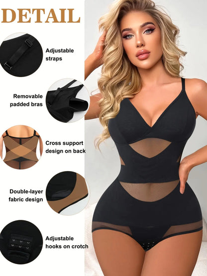 Women's Shapewear Bodysuit: V-Neck, Adjustable Straps, Tummy Control, Waist Trainer, Seamless, Crotch Hooks MyFave Boutique