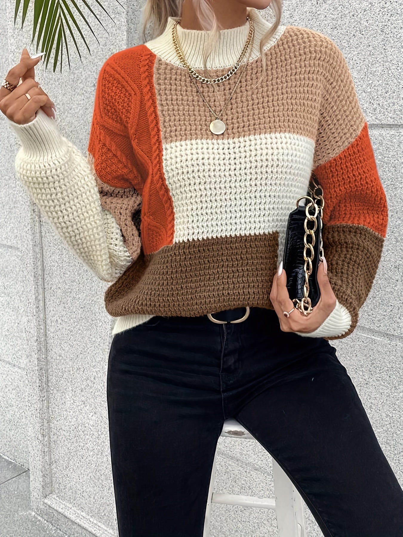 Color Block Mock Neck Sweater, Stylish Drop Shoulder Long Sleeve Sweater For Fall & Winter, Women's Clothing MyFave Boutique