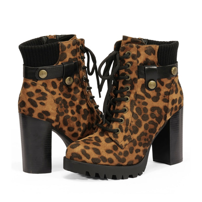 Women's Lace up Combat Ankle Boots, High Chunky Heel Fashion Heeled Booties Shoes MyFave Boutique