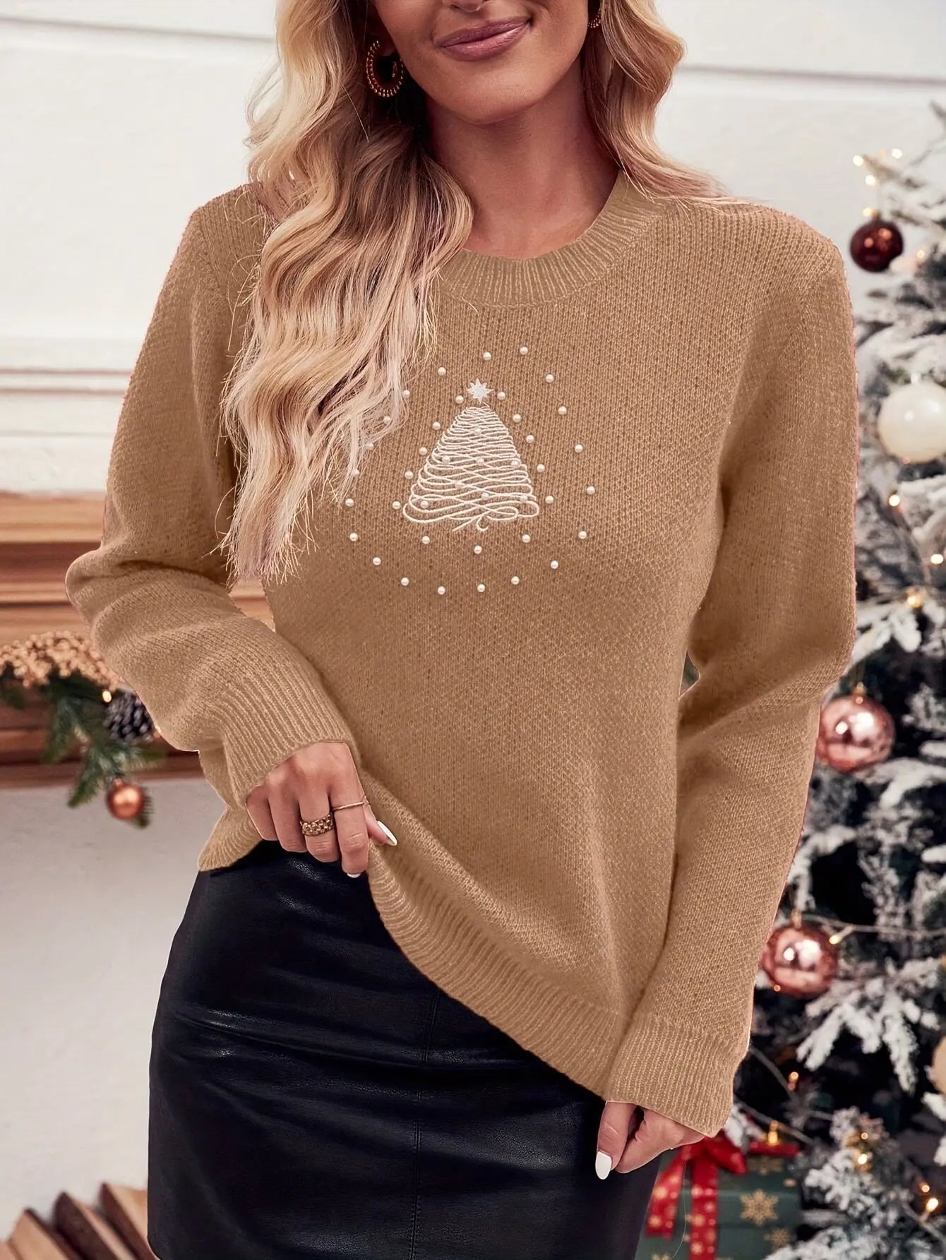 Women's Casual Polyester Knit Pullover Sweater With Pearl Details, Elegant And Soft, Machine Washable, Round Neck, Christmas Pattern MyFave Boutique