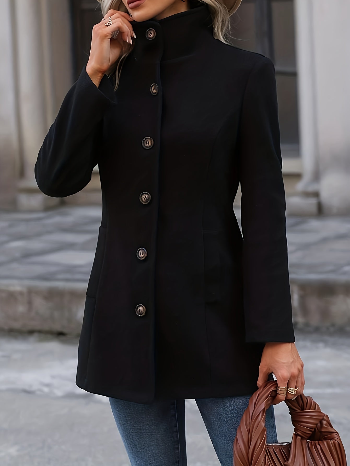 Button Front Lapel Coat, Elegant Thermal Solid Long Sleeve Coat For Fall & Winter, Women's Clothing MyFave Boutique