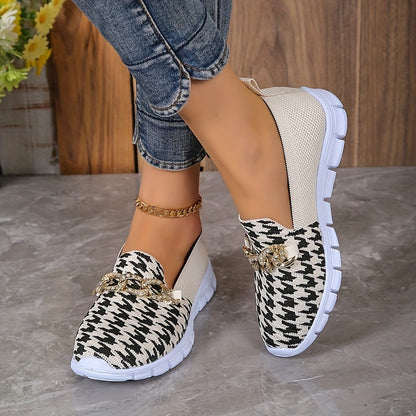 Women's Houndstooth Sock Shoes, Chain Decor Knitted Low Top Slip On Sneakers, Casual Breathable Walking Shoes MyFave Boutique