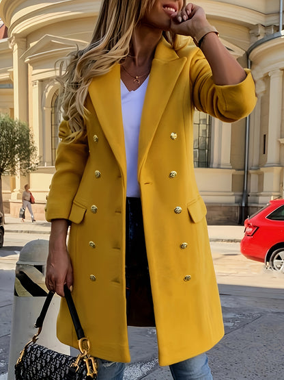 Women's Elegant Double-Breasted Notched Collar Coat for Fall & Winter - Stylish Long Sleeve Outerwear for Warmth and Fashionable Look MyFave Boutique