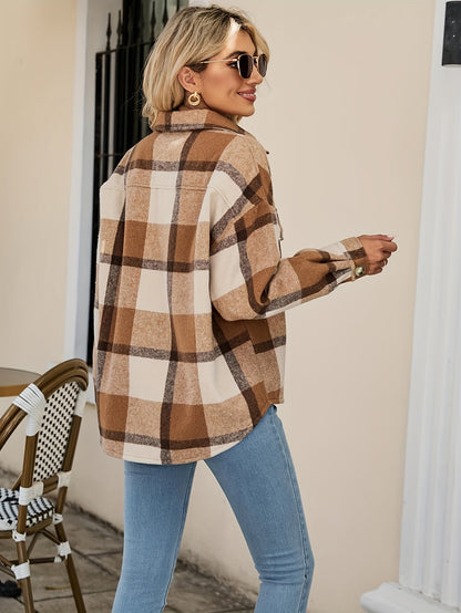 Plaid Print Button Front Jacket, Casual Lapel Neck Flap Pockets Long Sleeve Jacket For Winter & Fall, Women's Clothing MyFave Boutique