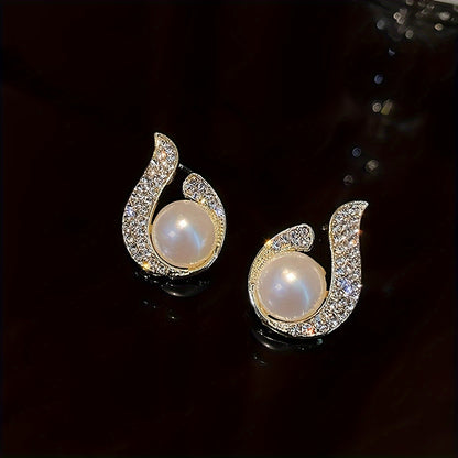 Unique Water Drop Shaped Stud Earrings Zinc Alloy Jewelry Faux Pearl Inlaid Vintage Elegant Style For Women MyFave Boutique