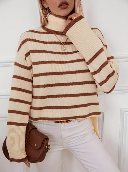 Chic Color Block Striped Turtleneck Sweater for Women - Casual Long Sleeve Knit Top, Perfect for Fall/Winter MyFave Boutique