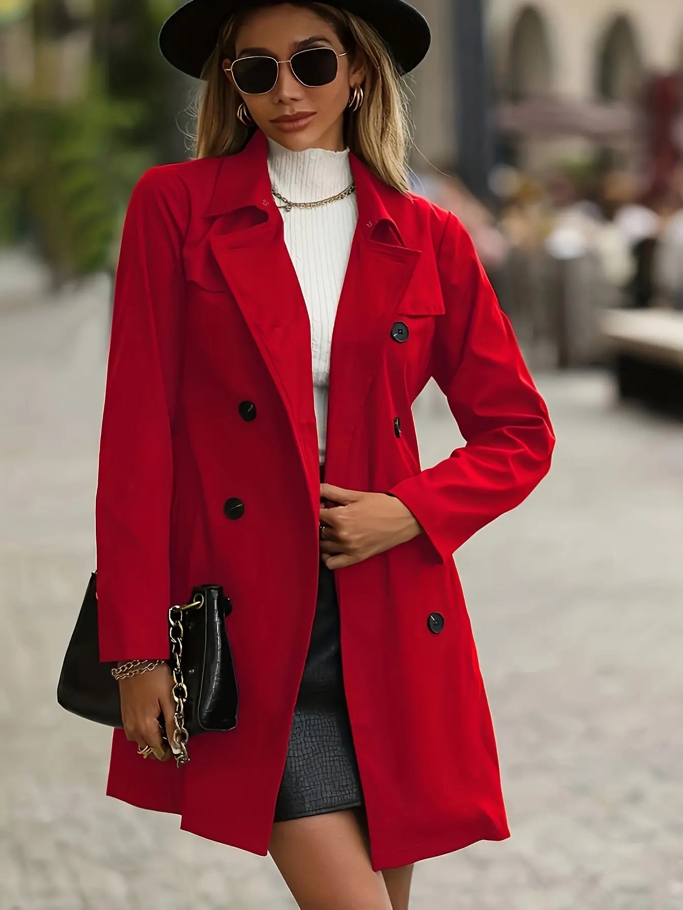 Women's Classic Double Breasted Red Trench Coat with Belt, Casual Solid Color Polyester Long Jacket with Button Details, Woven Outerwear MyFave Boutique